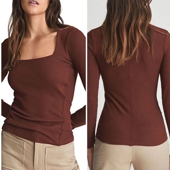 REISS Dalia Square Neck Neutral Brown Long Sleeve Top NWT - Picture 1 of 11